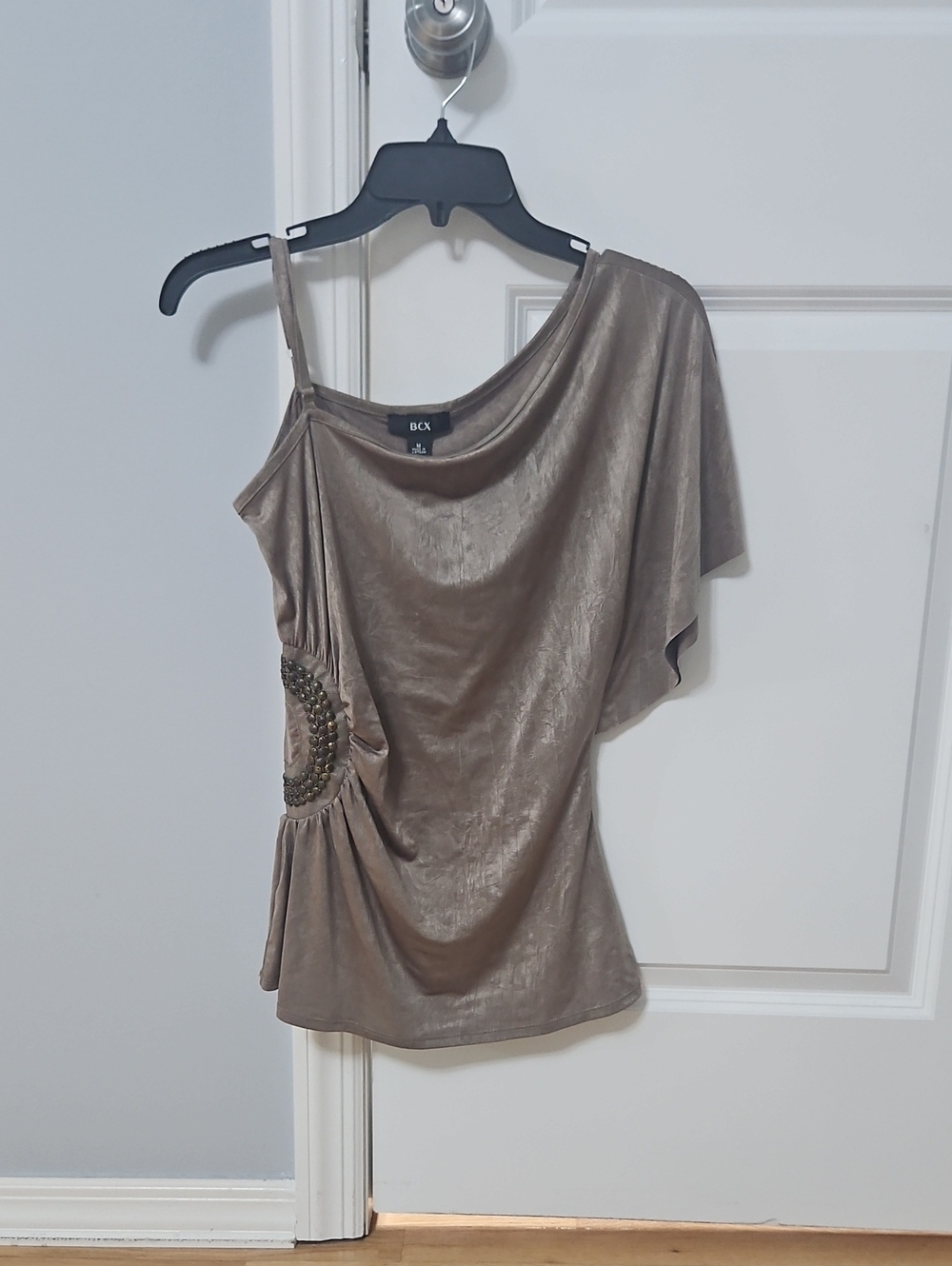 BCX Metallic Taupe One-Shoulder Tunic with Beaded Accent